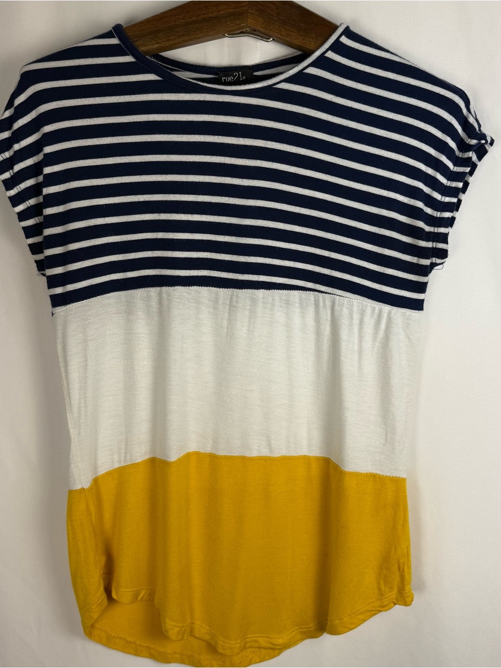 Rue21 Navy, White & Yellow Striped Colorblock Short Sleeve Tee